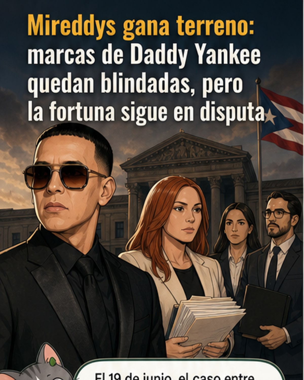 Ilustración de una pareja frente a un juez, con logos de marcas musicales como DY y Barrio Fino flotando en el aire, representando una disputa legal por patrimonio.