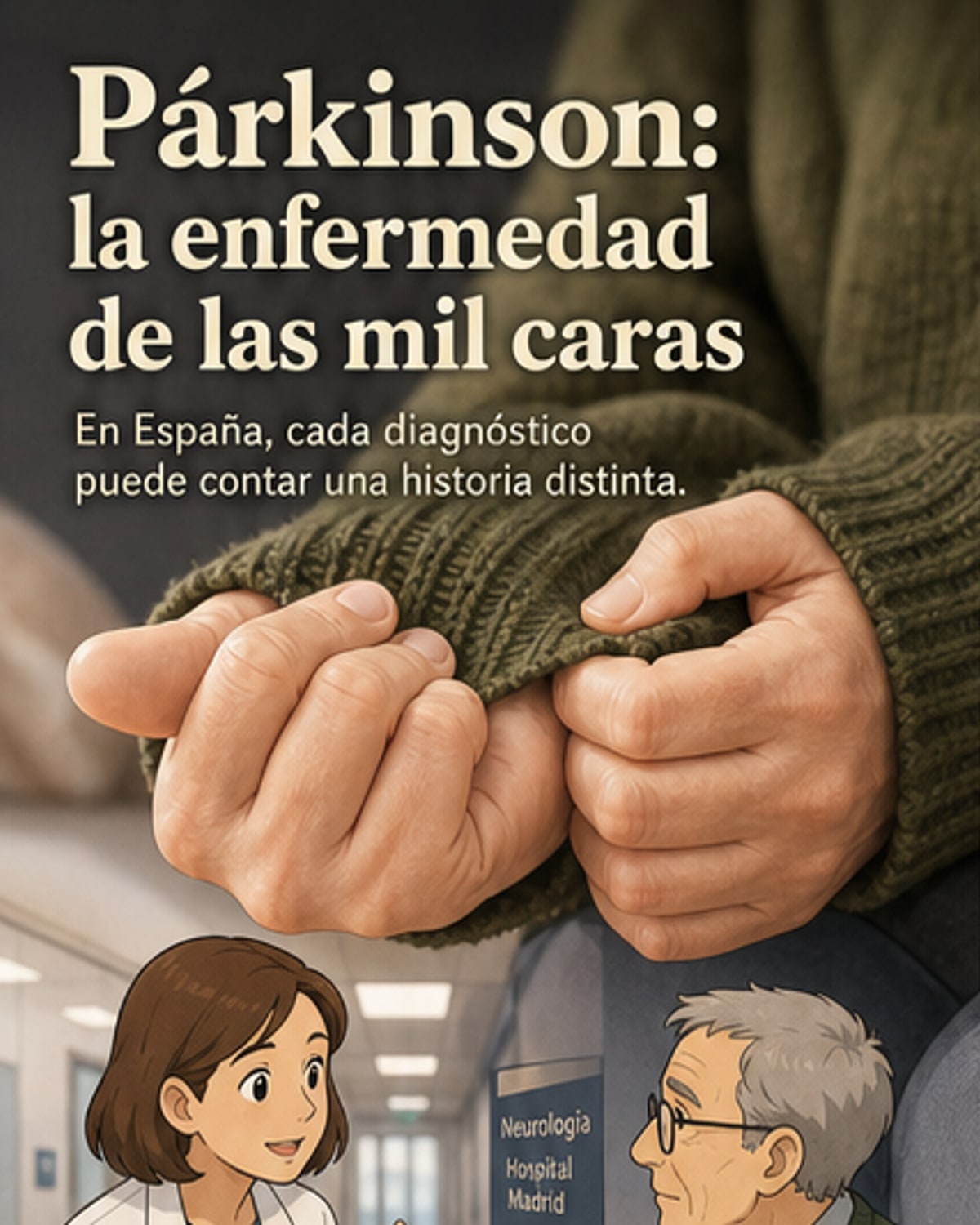 Ilustración de un cerebro con múltiples rostros superpuestos, representando la diversidad de síntomas y experiencias en personas con Parkinson.