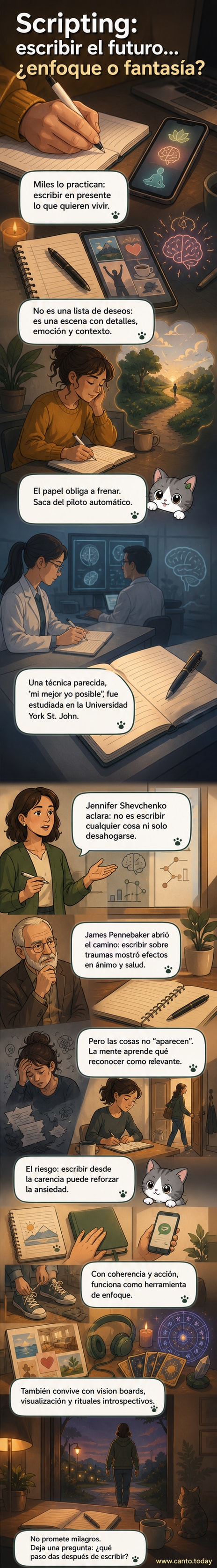 Ilustración de una persona escribiendo a mano en un cuaderno, con pensamientos en burbujas que muestran escenas futuras positivas, estilo webtoon explicativo.