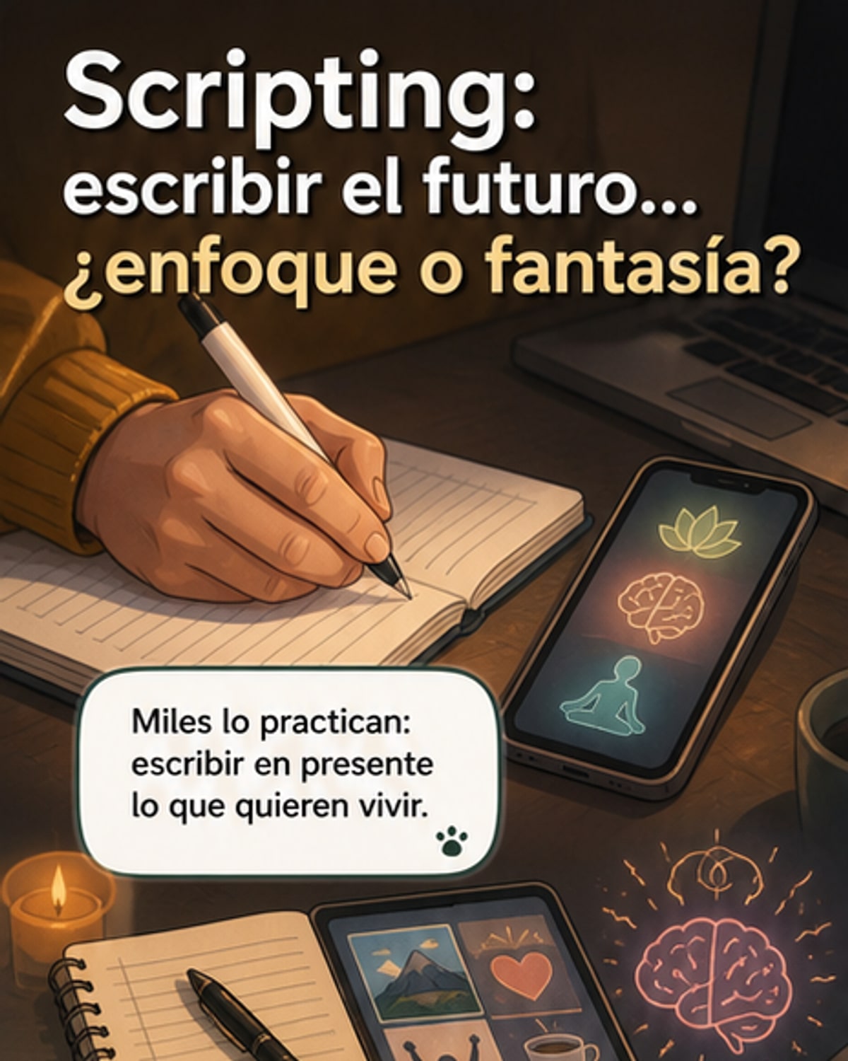 Ilustración de una persona escribiendo a mano en un cuaderno, con pensamientos en burbujas que muestran escenas futuras positivas, estilo webtoon explicativo.