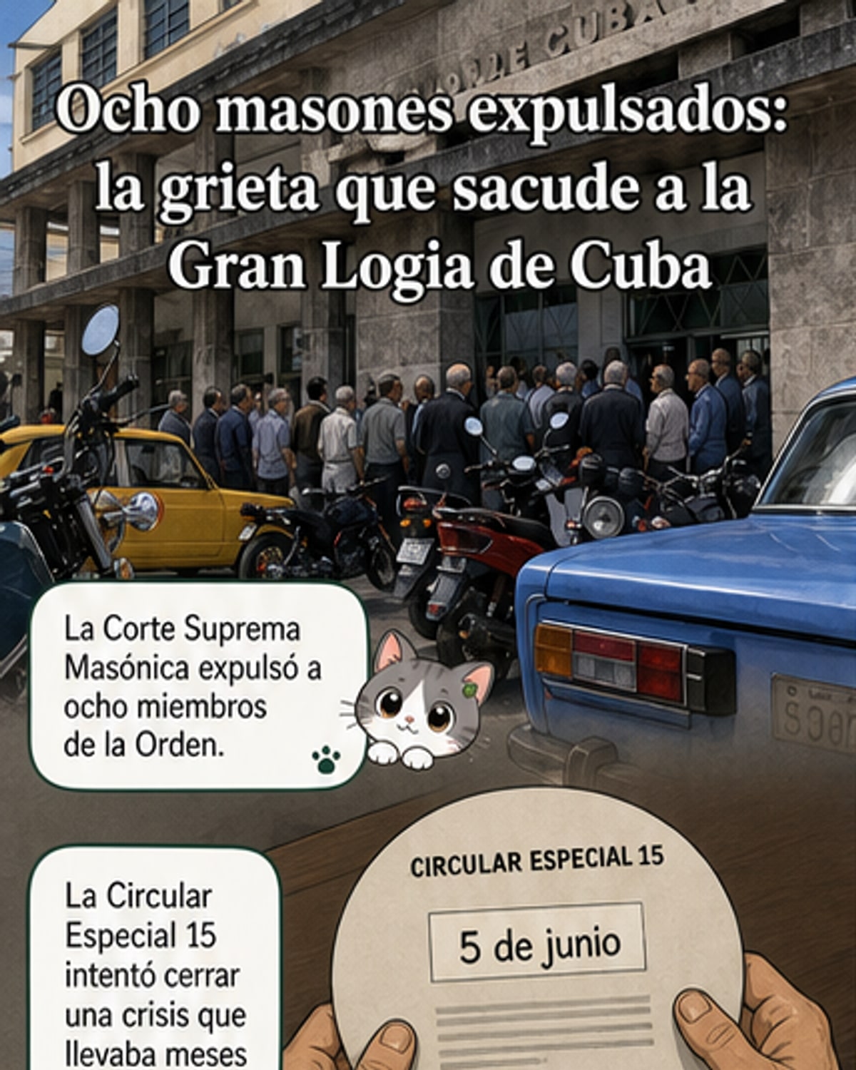 Ilustración de una logia masónica en La Habana con figuras expulsadas simbólicamente, rodeadas de documentos y símbolos rotos.