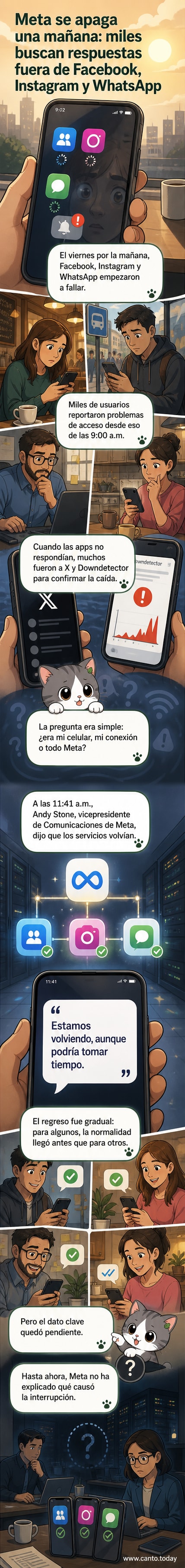 Pantallas de teléfono mostrando errores en las apps de Facebook, Instagram y WhatsApp durante una caída global de servicios.