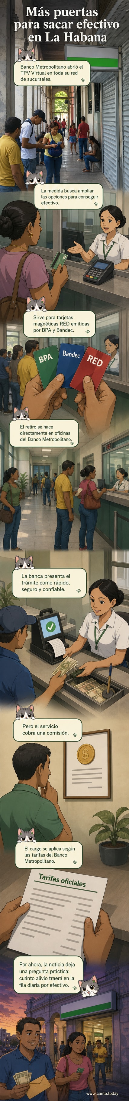Ilustración de una persona retirando efectivo en una ventanilla bancaria en La Habana, con tarjeta en mano y pantallas digitales mostrando el sistema bancario cubano.