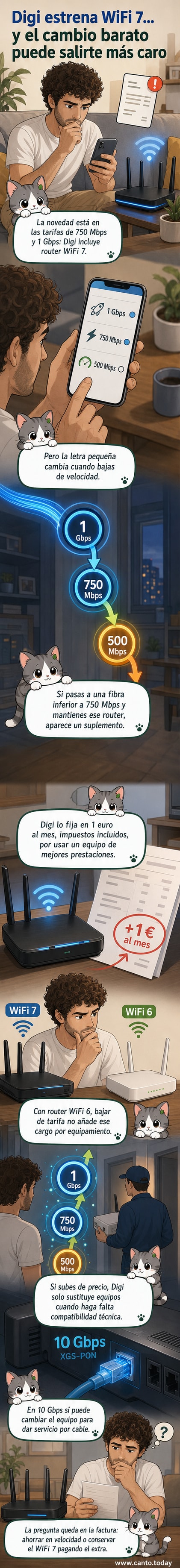 Ilustración de una casa con señal WiFi 7 y un recibo que muestra un cargo extra de 1 euro, simbolizando el cobro adicional por mantener el router avanzado al bajar de tarifa.