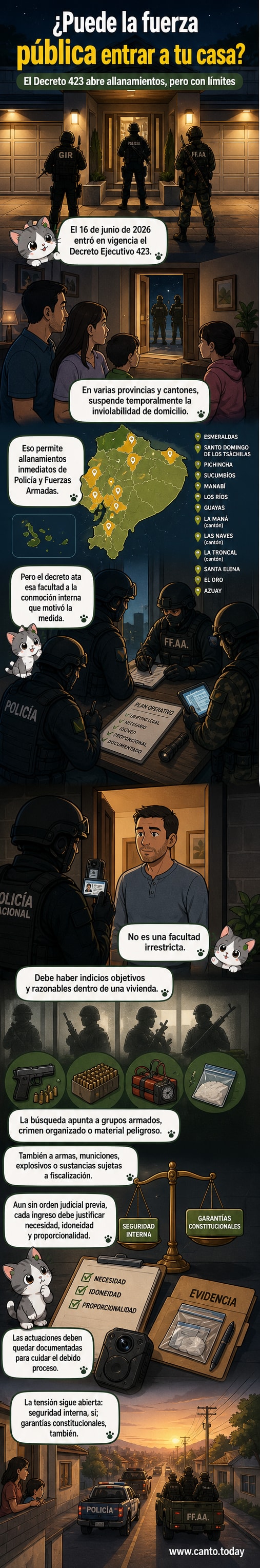 Ilustración de una puerta de casa siendo abierta por agentes policiales con el fondo de un barrio urbano, bajo un cielo tenso. Texto: '¿Puede la Policía entrar a su casa?'