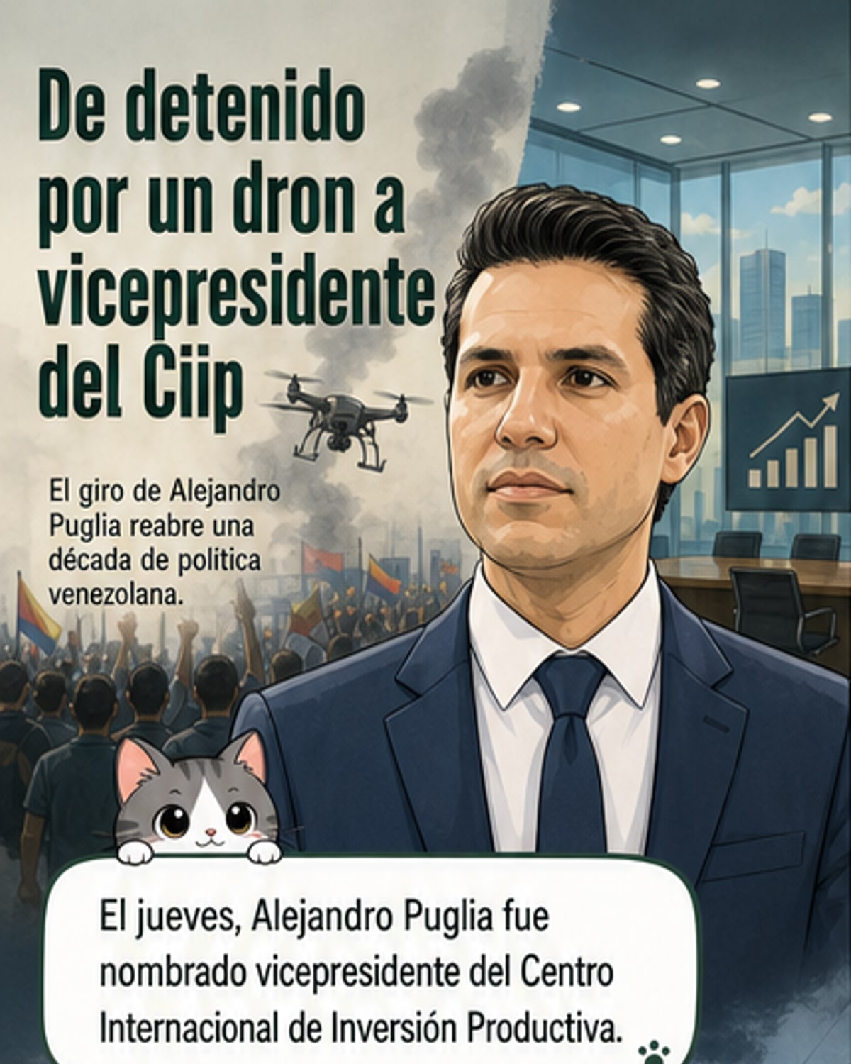 Ilustración de un hombre con traje revisando un dron frente a un edificio institucional, con una bandera de Venezuela al fondo.