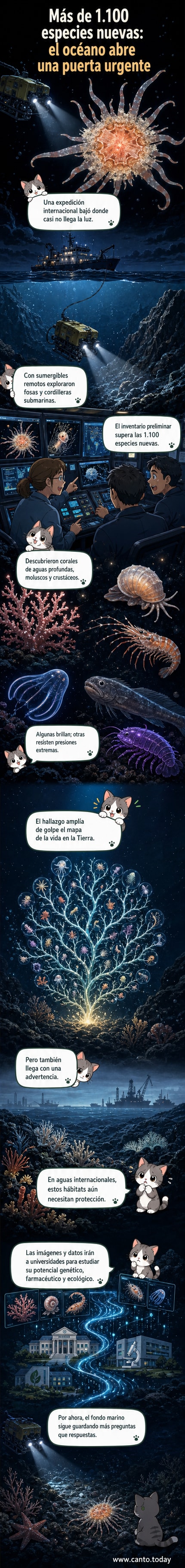 Ilustración de un sumergible explorando el fondo oceánico, rodeado de criaturas bioluminiscentes y corales desconocidos, con un contraste entre la oscuridad del abismo y la vida colorida recién descubierta.