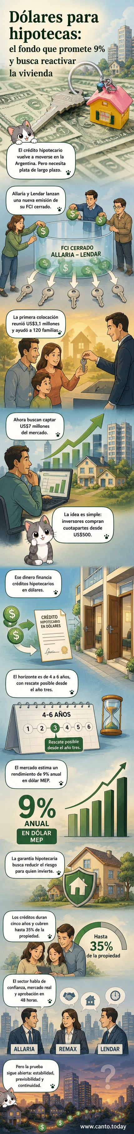 Ilustración de una casa con un gráfico de rendimiento creciente y monedas en dólares, simbolizando un fondo de inversión que financia créditos hipotecarios con retorno anual.