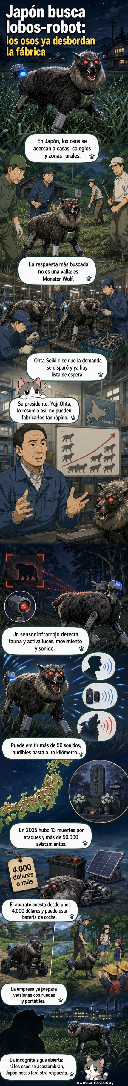 Ilustración de un robot lobo con ojos rojos brillantes y cola iluminada, parado en un campo japonés de noche, mientras un oso retrocede asustado en la distancia.