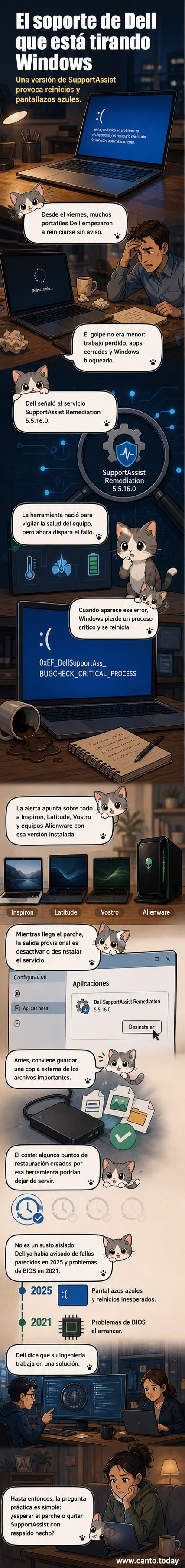 Ilustración de un portátil Dell con la pantalla azul de error y el logo de Windows, rodeado de iconos de advertencia y reinicio.