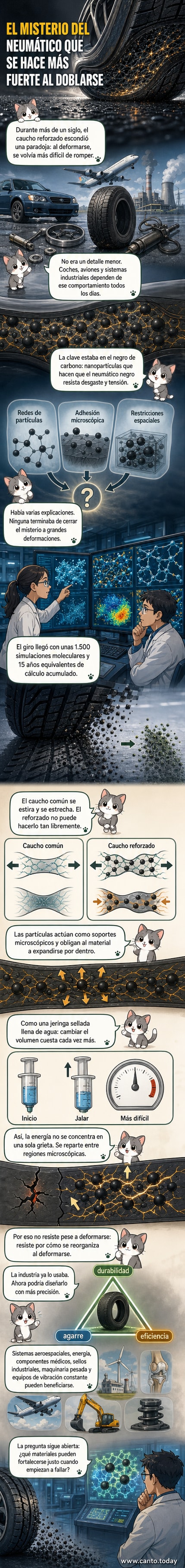 Recreación artística de un neumático deformándose en una curva, mostrando estructura interna de caucho y nanopartículas de negro de carbono