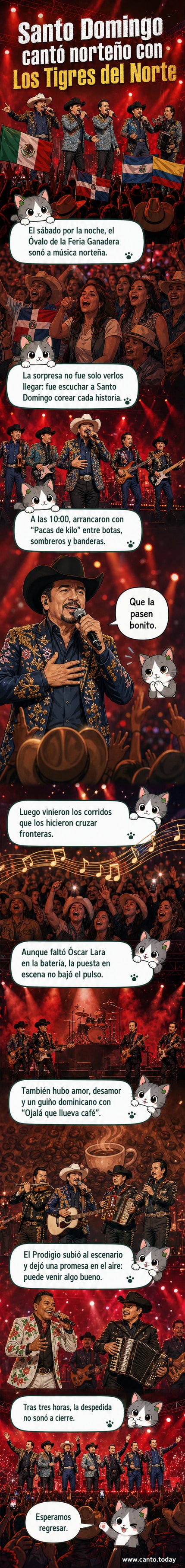 Los Tigres del Norte en concierto en Santo Domingo, con público dominicano cantando y ondeando banderas de México y República Dominicana.