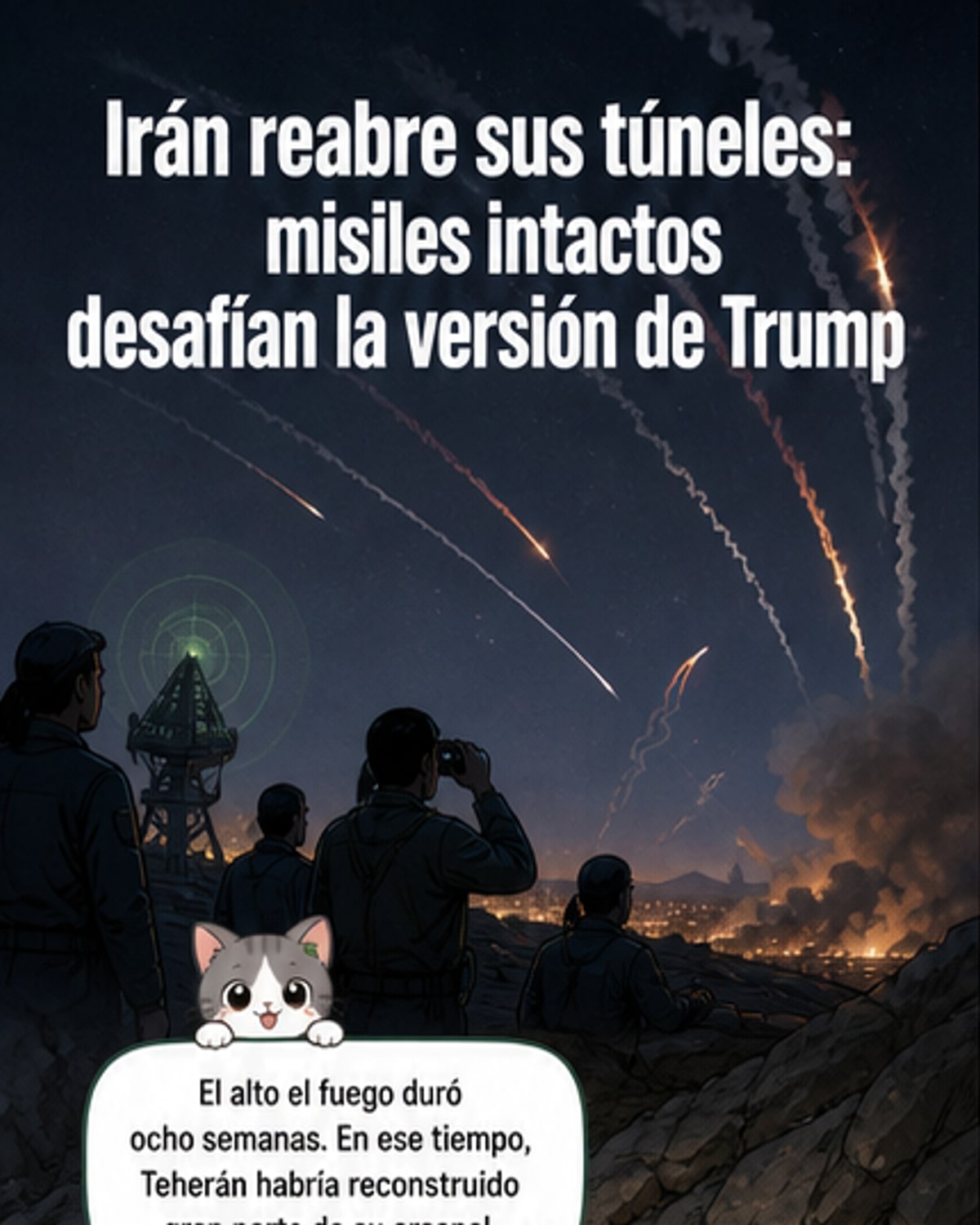 Ilustración de un misil balístico junto a símbolos de Irán y Rusia, con depósitos subterráneos y fábricas dispersas en el fondo.