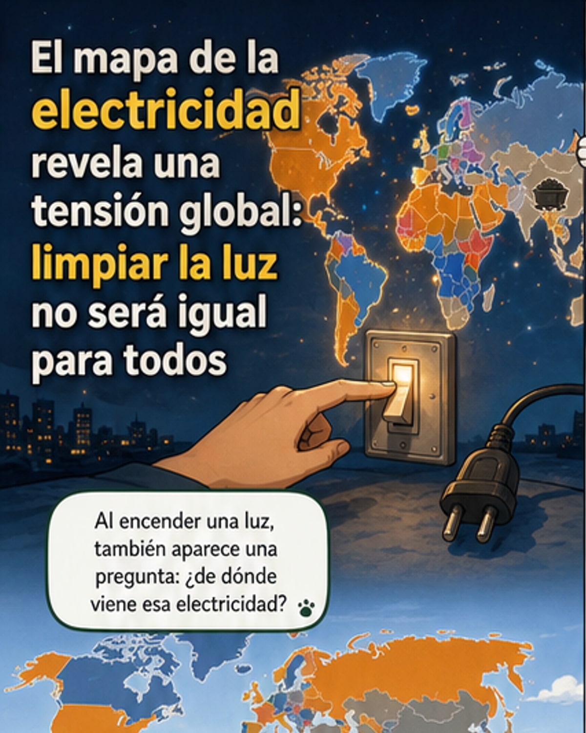 Mapamundi coloreado que muestra la fuente principal de electricidad por país: gris para carbón, naranja para gas, azul para hidro, morado para nuclear y amarillo para solar.