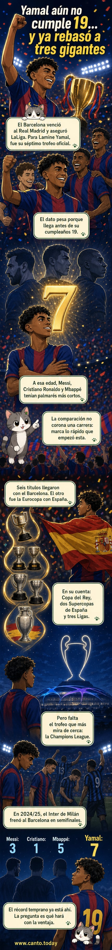 Lamine Yamal celebrando un título con el Barcelona, camiseta azulgrana, mirando a cámara con trofeo en mano