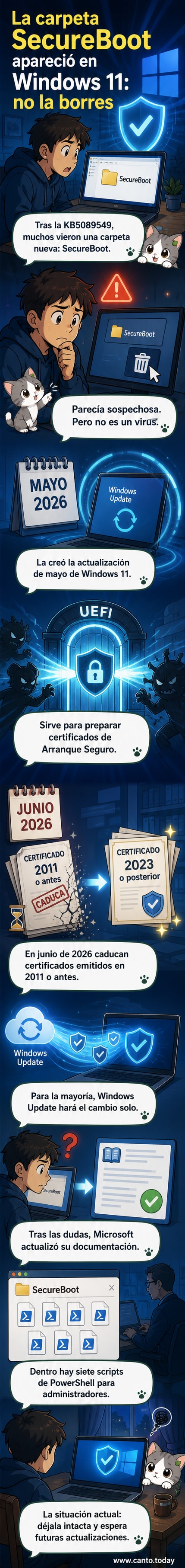 Captura de pantalla mostrando la carpeta SecureBoot en el explorador de archivos de Windows 11, junto a un ícono de advertencia de seguridad.