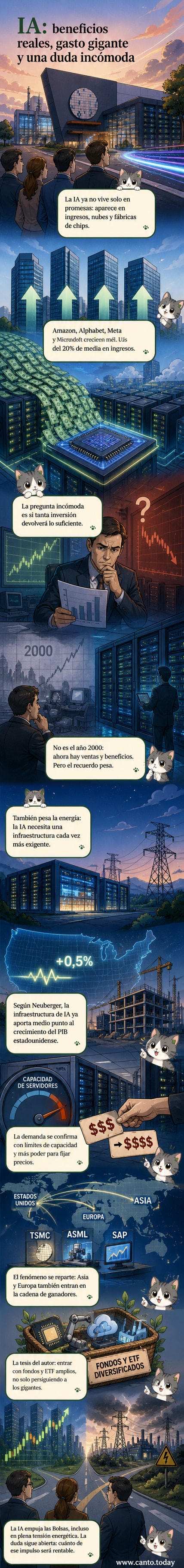 Ilustración de un cerebro digital creciendo sobre un circuito, con gráficos de crecimiento y chips alrededor, simbolizando la expansión de la inteligencia artificial en la economía global.