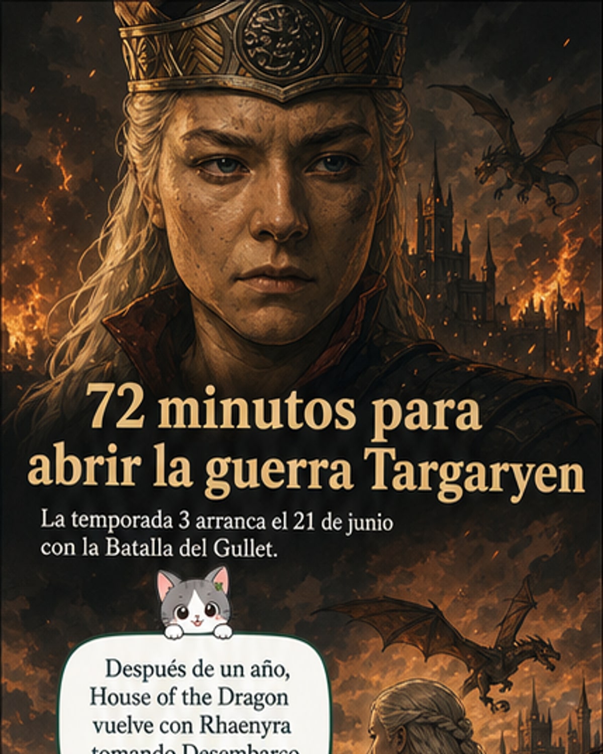 Ilustración dramática de dragones en combate aéreo sobre Desembarco del Rey, con Rhaenyra Targaryen observando desde lo alto, estilo de la serie House of the Dragon