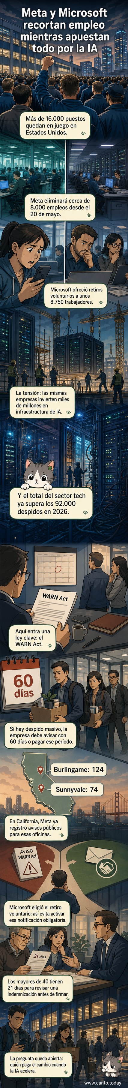 Ilustración de dos ejecutivos en oficinas modernas, uno firmando despidos y otro proyectando gráficos de IA, con trabajadores desapareciendo en el fondo.