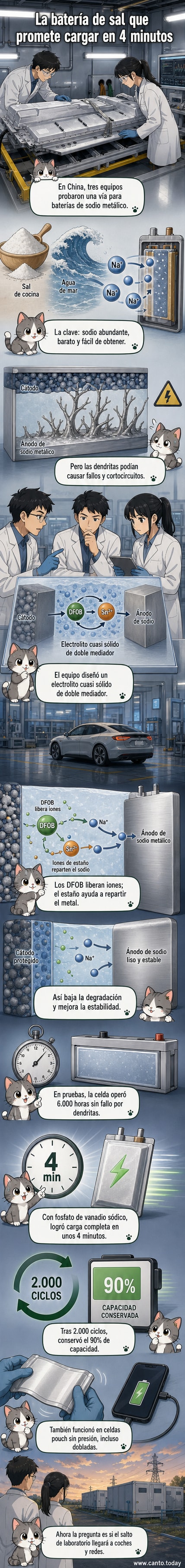 Ilustración de una batería de sodio con componentes químicos visibles, mostrando flujo de iones y carga rápida en 4 minutos.