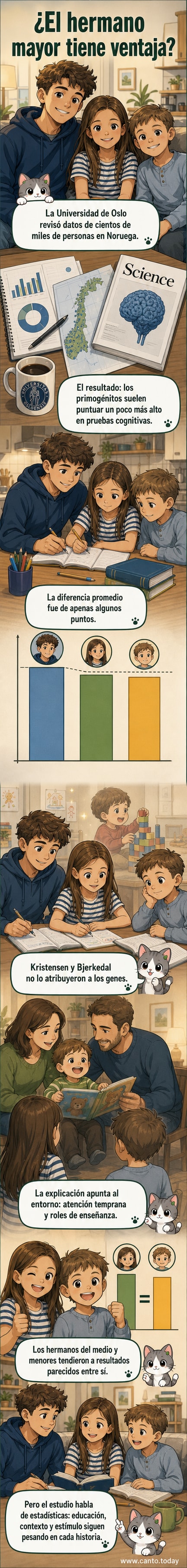 Ilustración de tres hermanos frente a una pizarra con números y símbolos de inteligencia; el mayor tiene una nota ligeramente más alta.