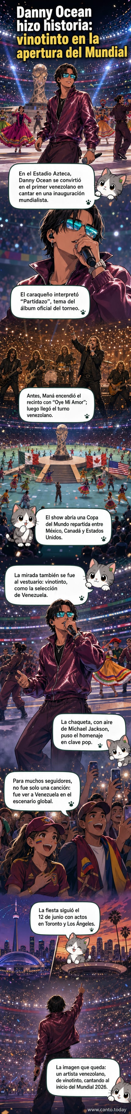 Danny Ocean en el Estadio Azteca, vestido de vinotinto con una chaqueta estilo Michael Jackson, durante la ceremonia de inauguración del Mundial 2026.