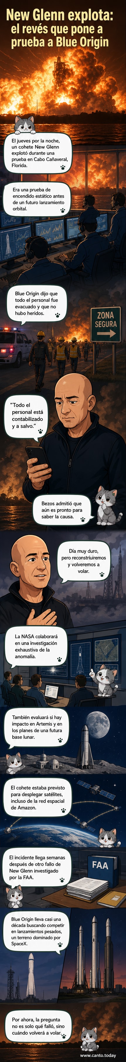 Ilustración de un cohete New Glenn explotando en una plataforma de lanzamiento en Cabo Cañaveral, con humo y llamas, mientras empleados observan desde una distancia segura.