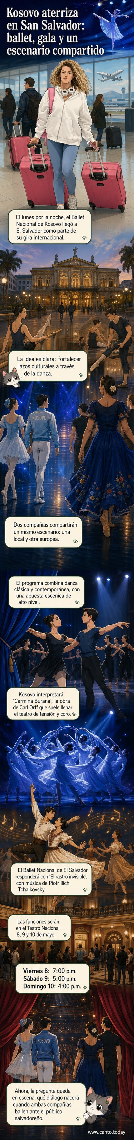 Dos bailarines en escena durante una presentación conjunta del Ballet Nacional de El Salvador y el Ballet Nacional de Kosovo en el Teatro Nacional de San Salvador.