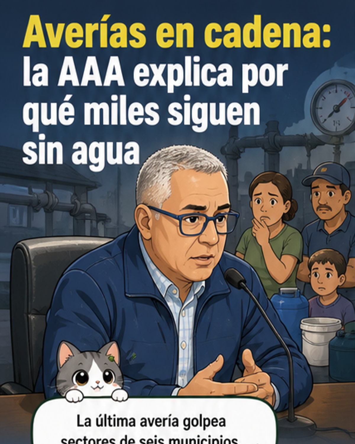 Ilustración de tuberías rotas bajo tierra con casas y edificios en la superficie, mostrando interrupción en el suministro de agua en varios municipios de Puerto Rico.