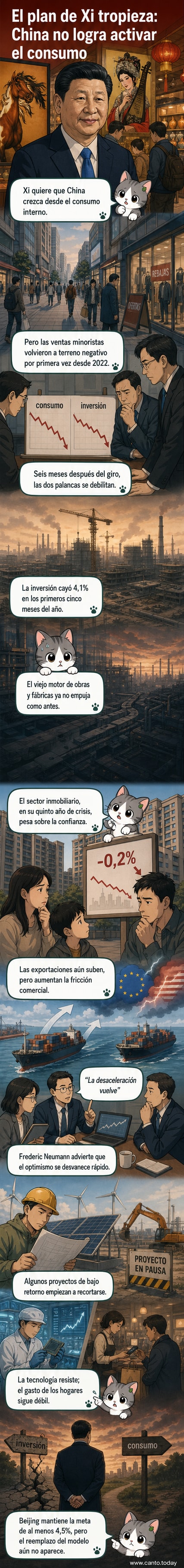 Ilustración que muestra gráficos de ventas minoristas en caída, edificios residenciales vacíos y una balanza comercial inclinada, simbolizando la desaceleración del consumo en China.