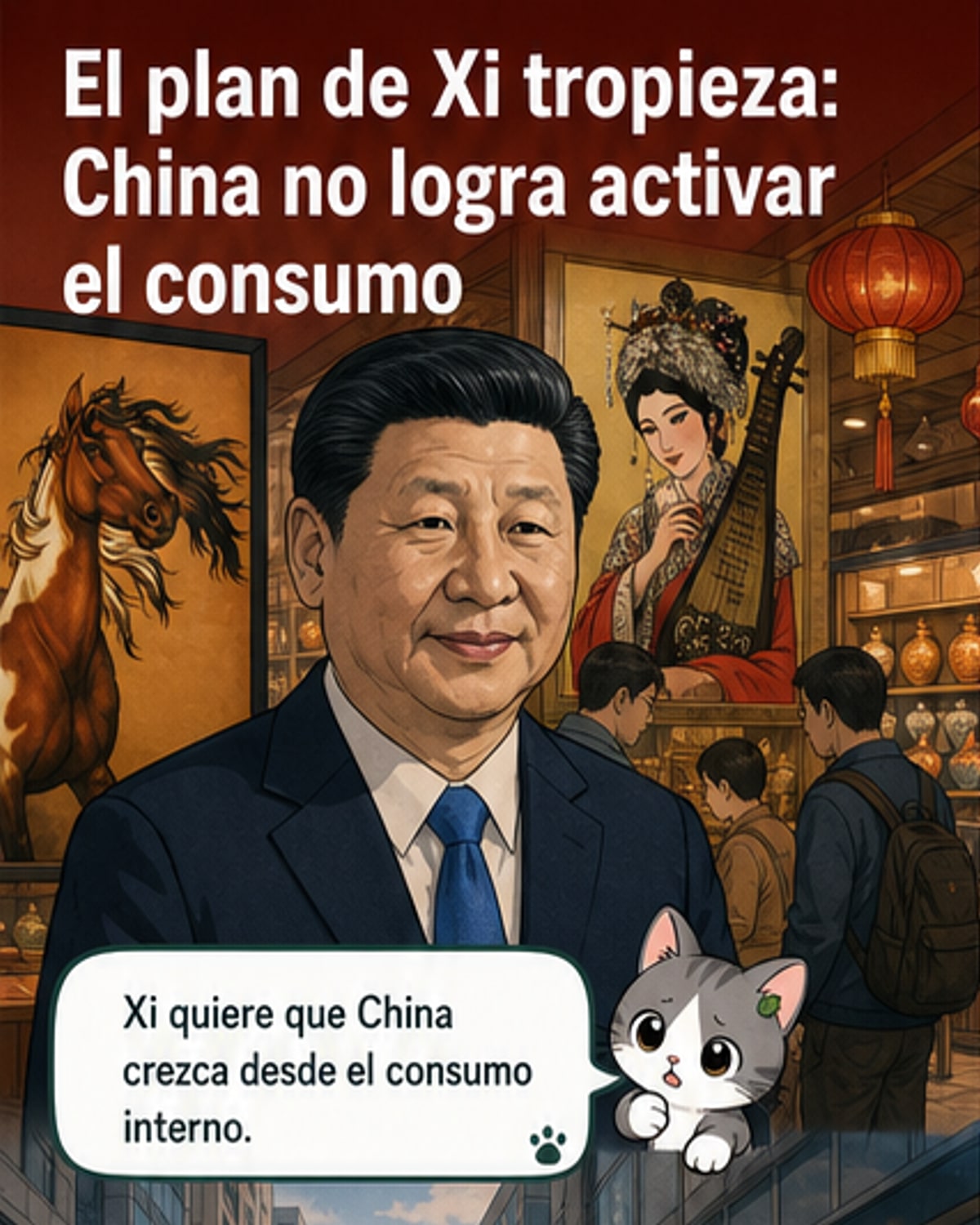 Ilustración que muestra gráficos de ventas minoristas en caída, edificios residenciales vacíos y una balanza comercial inclinada, simbolizando la desaceleración del consumo en China.