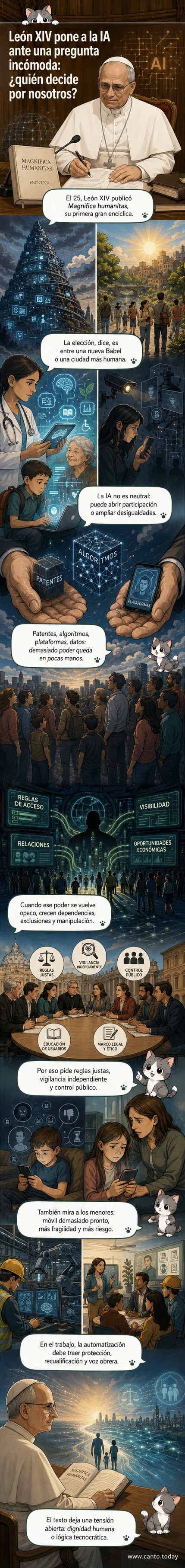 Ilustración de estilo editorial: el papa León XIV con un fondo digital que muestra algoritmos, datos y figuras humanas conectadas, con una balanza entre tecnología y ética.