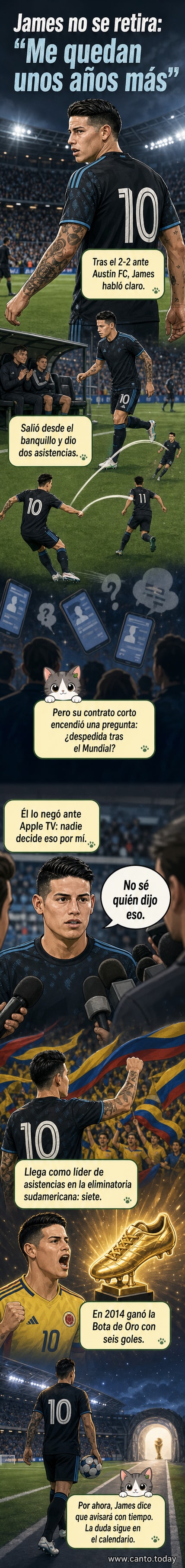 James Rodríguez en la cancha con la camiseta del Minnesota United, desmintiendo rumores de retiro con una sonrisa y gesto de confianza.
