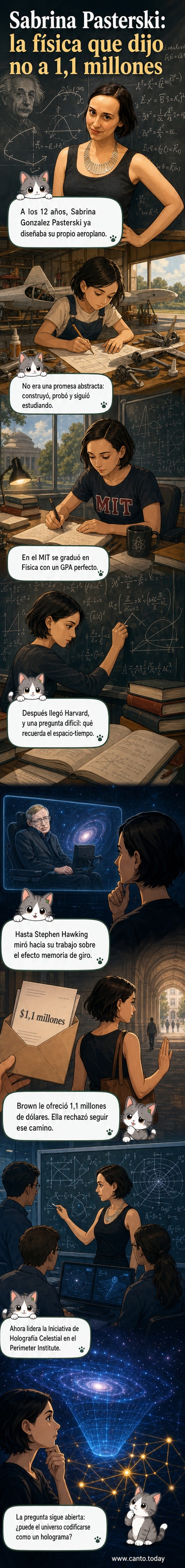 Ilustración de una joven científica frente a un universo holográfico, con ecuaciones flotando alrededor y un avión de juguete transformándose en un modelo físico del cosmos.