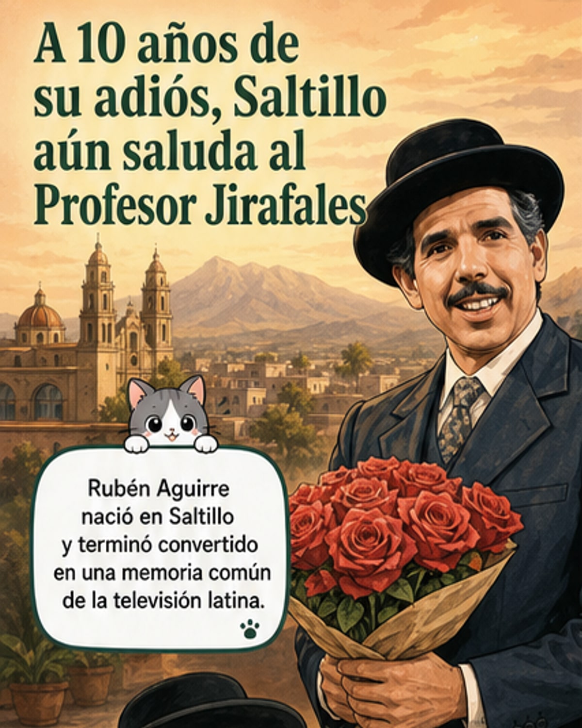 Ilustración del Profesor Jirafales con su traje clásico, sombrero y ramo de rosas, en un salón de clases de la vecindad.