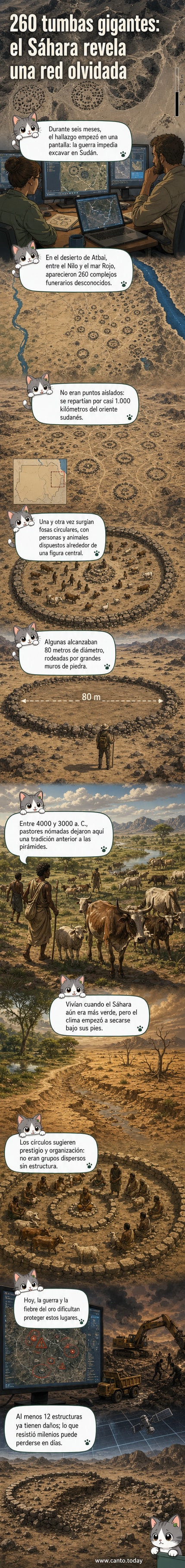 Representación visual de tumbas circulares gigantes en el desierto de Sudán, con muros de piedra y restos humanos y animales dispuestos en círculo, basada en imágenes satelitales.