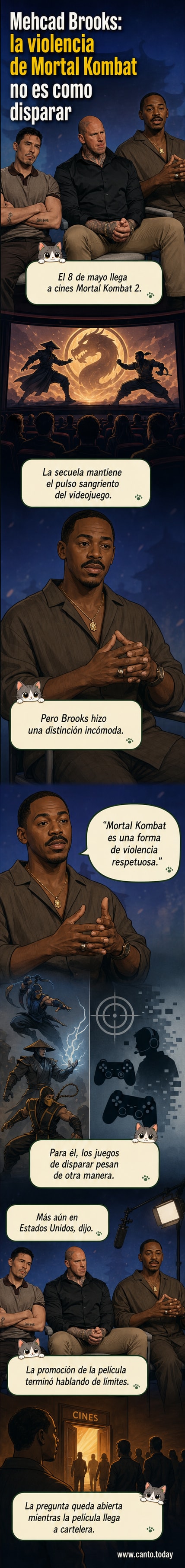 Ilustración de Mehcad Brooks con expresión reflexiva, fondo de escenas de acción de 'Mortal Kombat 2' y un contraste visual entre pantallas de videojuegos y noticias sobre tiroteos en EE.UU.
