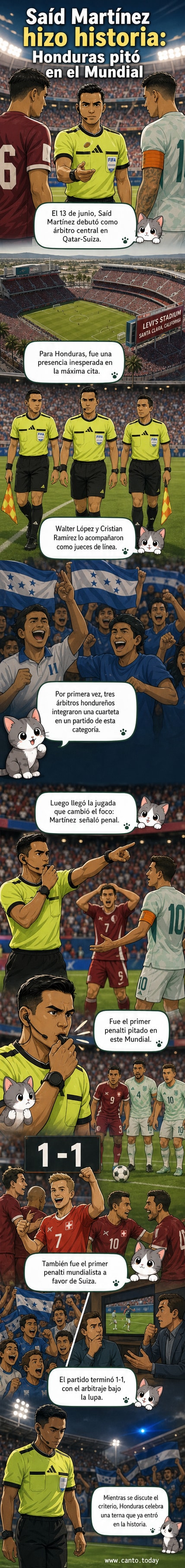 Ilustración de Saíd Martínez, árbitro hondureño, mostrando una tarjeta mientras dirige un partido del Mundial 2026 con banderas de Honduras y el estadio de fondo.