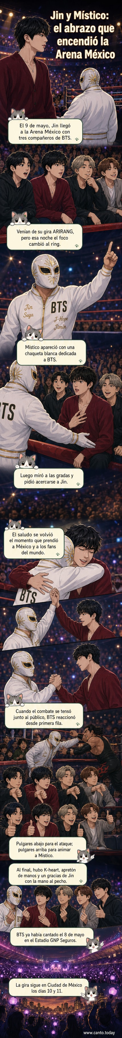 Jin de BTS y el luchador Místico se abrazan en la primera fila de la Arena México, rodeados por aficionados emocionados y luces del espectáculo de lucha libre.