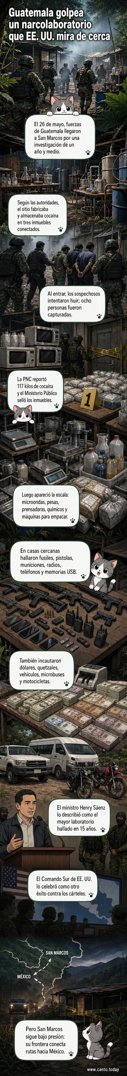 Agentes de seguridad inspeccionan un laboratorio clandestino con hornos microondas, cajas y recipientes en una habitación con paredes verdes.