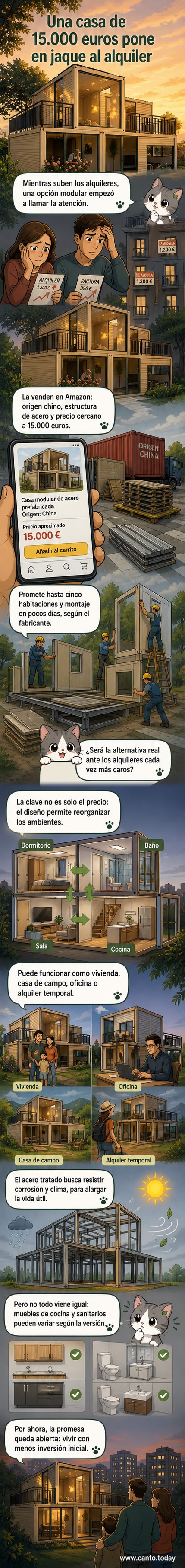 Ilustración de una casa prefabricada de acero de dos niveles con cinco habitaciones, ubicada en un terreno abierto, con estructura metálica visible y paneles modulares ensamblados, bajo un cielo despejado.