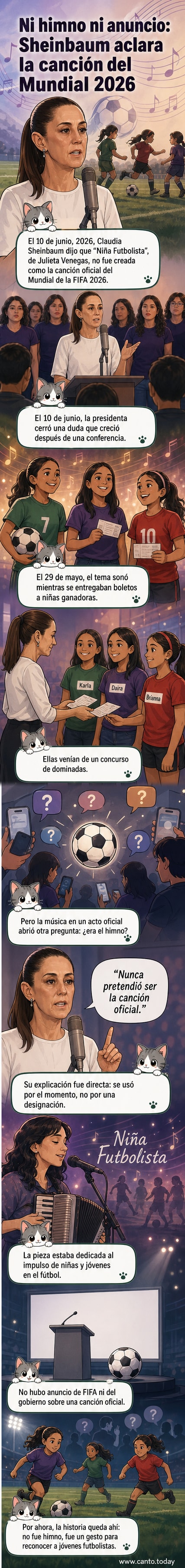 Ilustración de una niña jugando fútbol mientras suena la canción de Julieta Venegas, con la presidenta Sheinbaum aclarando el contexto en segundo plano.
