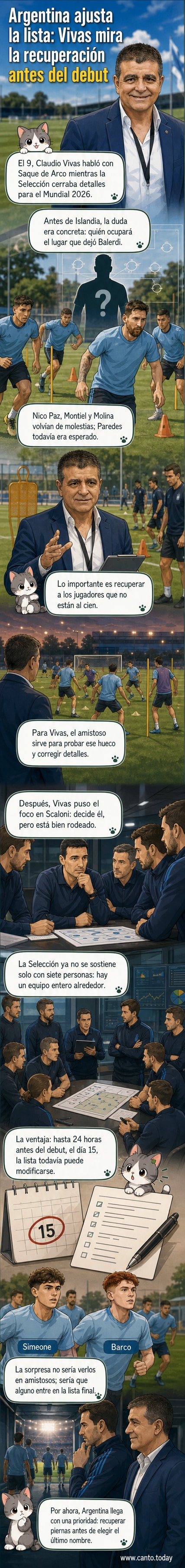 Ilustración de un entrenamiento de la selección argentina de fútbol, con jugadores como Messi y Scaloni en el banquillo, bajo un cielo nublado que anticipa el Mundial 2026.