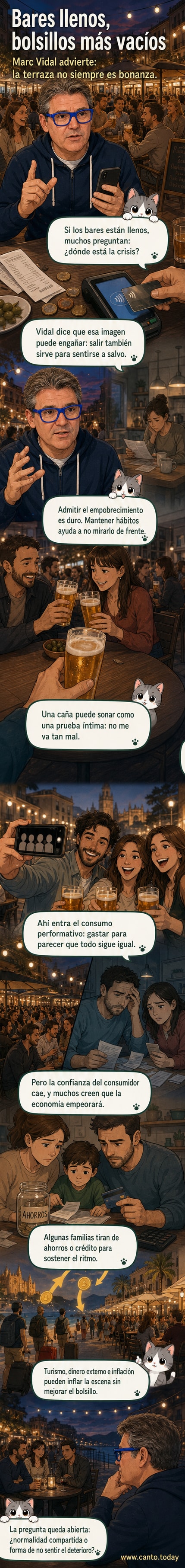 Ilustración de una terraza de bar llena en España, con personas riendo, mientras en segundo plano se ven gráficos de inflación y poder adquisitivo cayendo.