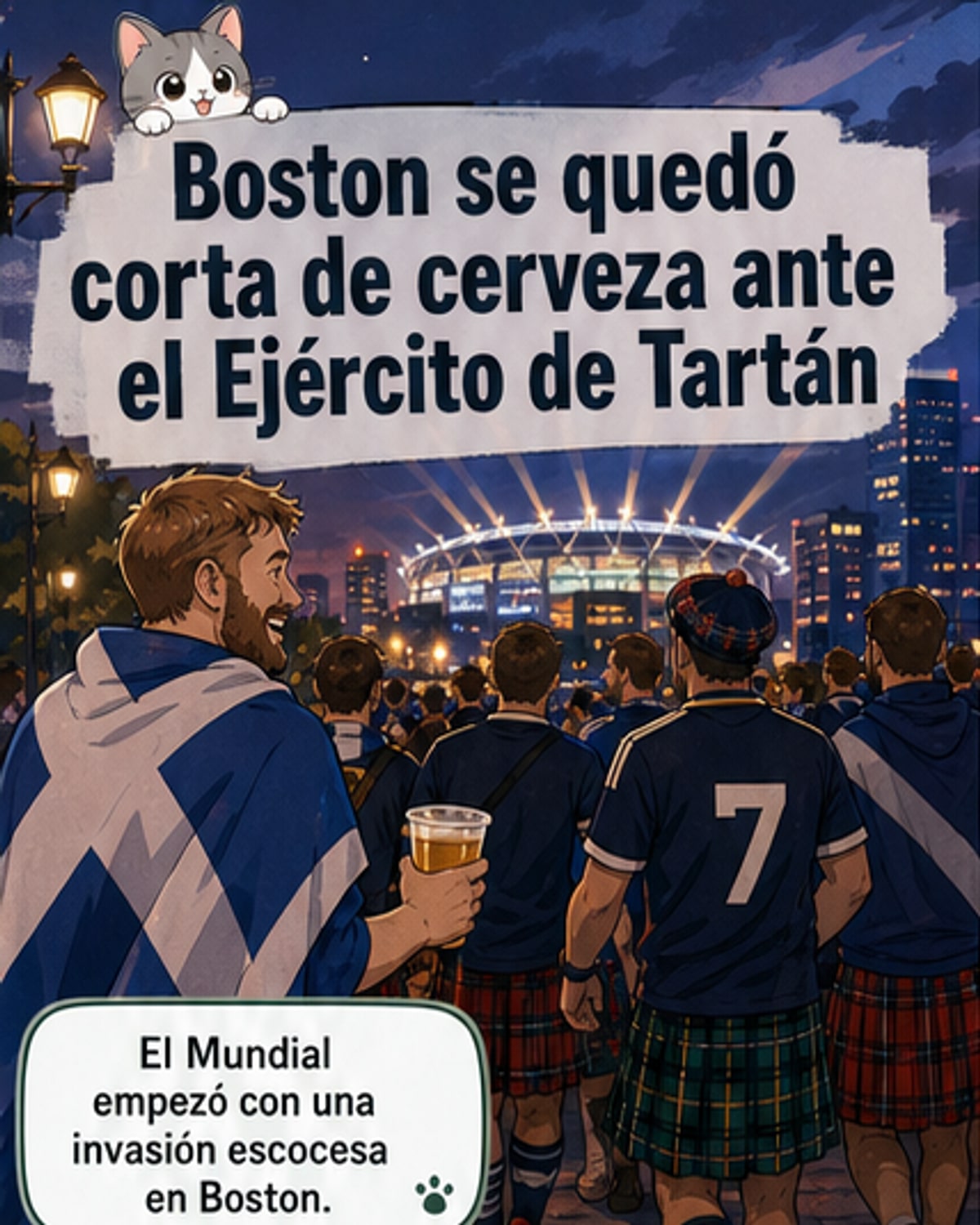 Aficionados escoceses con kilts y camisetas de su selección celebran en un bar de Boston tras la victoria contra Haití.