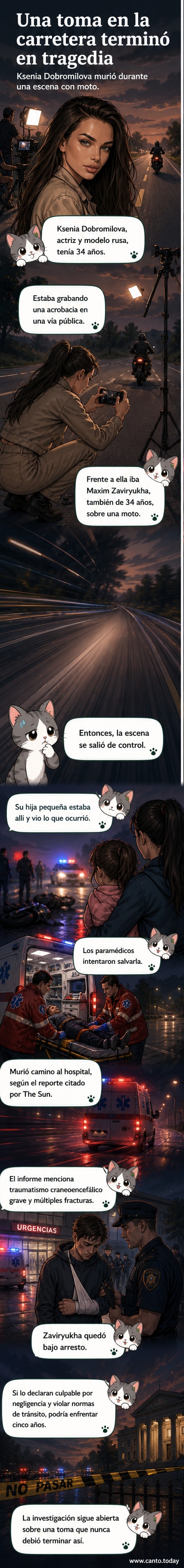 Ilustración de una actriz en el suelo de una carretera tras ser atropellada durante una filmación, con una moto cerca y una niña observando desde lejos.