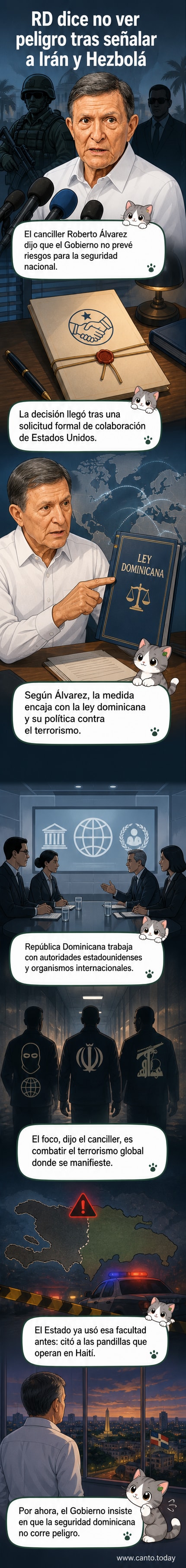 Ilustración de un ministro hablando ante una bandera dominicana y documentos oficiales, con siluetas de representantes internacionales al fondo.