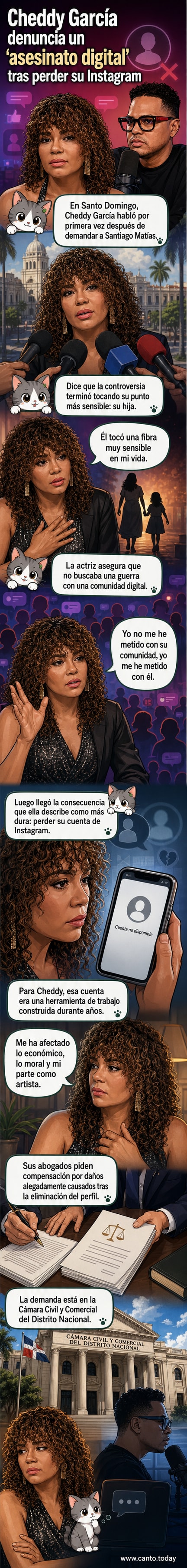 Ilustración de Cheddy García visiblemente afectada, con su imagen proyectada en una pantalla de teléfono que muestra una cuenta de Instagram eliminada, simbolizando el 'asesinato digital'.