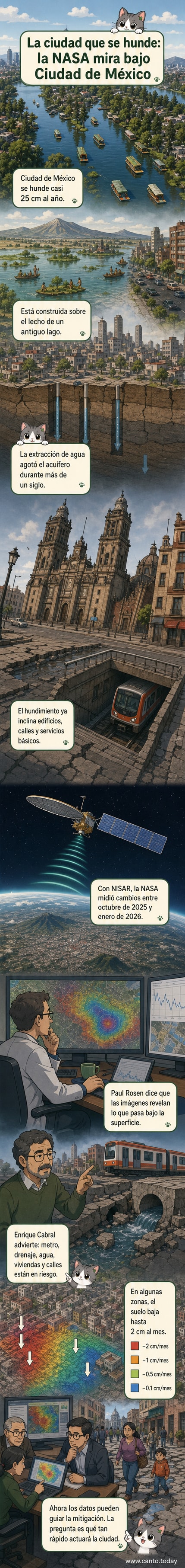 Vista aérea de la Ciudad de México con superposición de datos de subsidencia que muestran zonas de hundimiento acelerado, especialmente en el centro histórico y áreas circundantes.