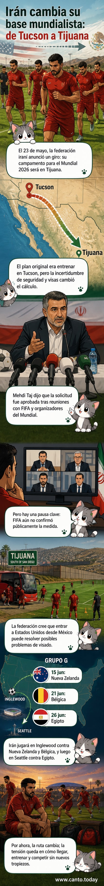 Ilustración de un jugador iraní entrenando en un campo con vista a la frontera México-Estados Unidos, con banderas de ambos países.